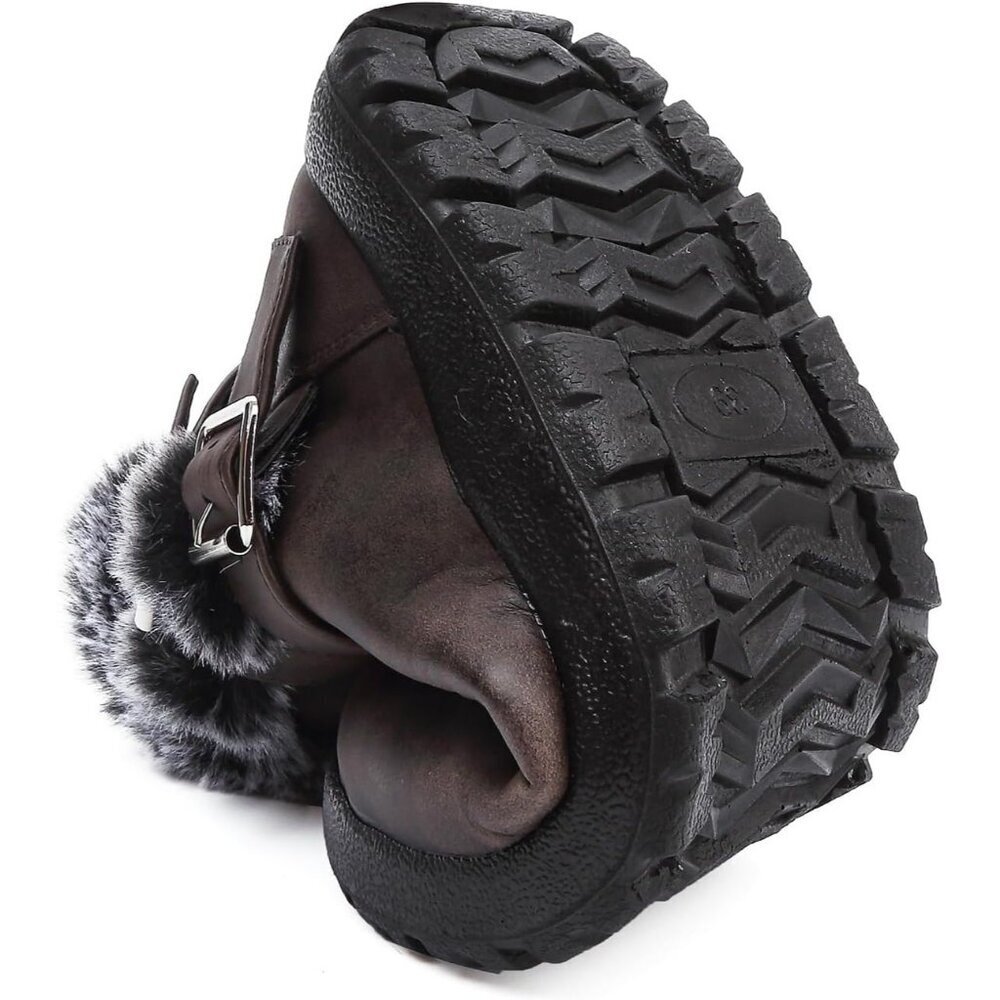 Womens Brown pu  Snow Boots with Zipper Waterproof Leather Fur Lined Warm Ankle - Picture 6 of 7